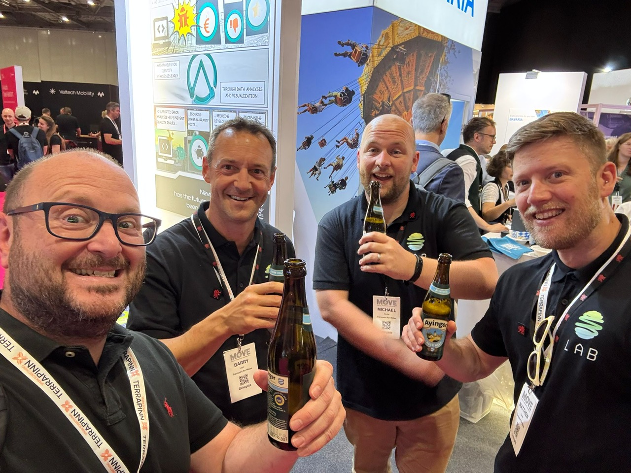 Cavefish and TfW LAB Cohort 6 delegates at MOVE conference — a major global mobility and transport innovation event organised by Terrapinn, celebrating with the cohort team.