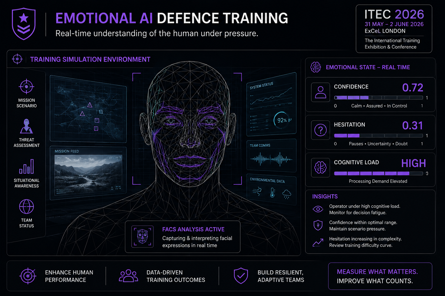 Emotional AI in defence training visualization showing real-time trainee confidence and cognitive load measurement